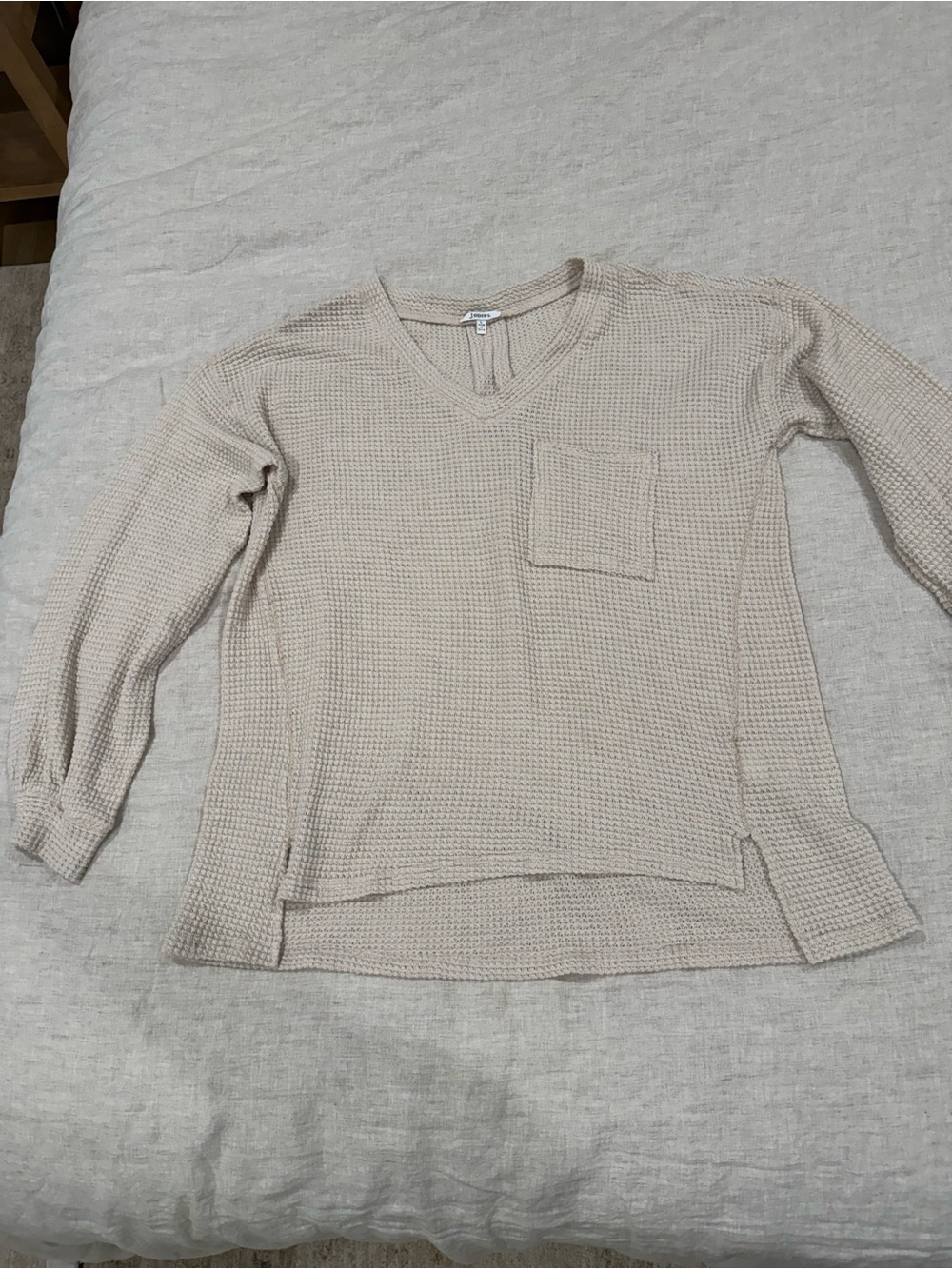 JODIFL Beige V-Neck Waffle Knit Pullover with Chest Pocket